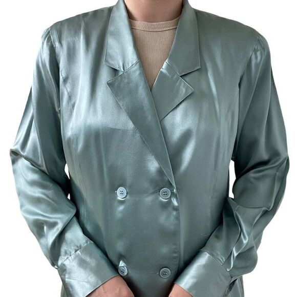 Vintage 80s Womens Blue Double Breasted 100% Silk Preppy Sexy Blouse Sz L - Picture 6 of 13